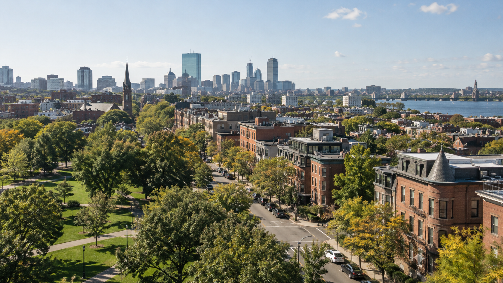 Leafy neighborhood streets and parkland with a city skyline beyond