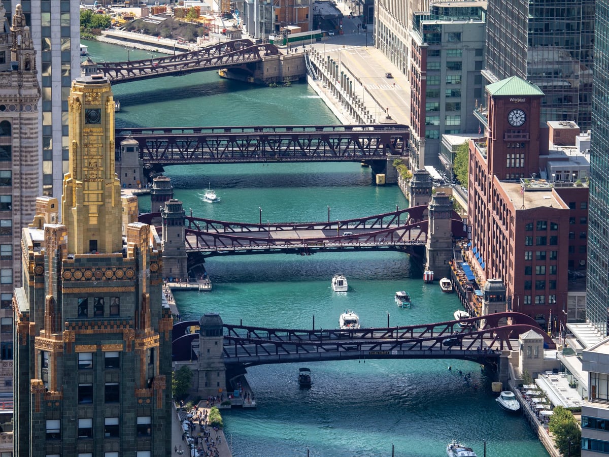Chicago River, bridges and downtown buildings in daylight