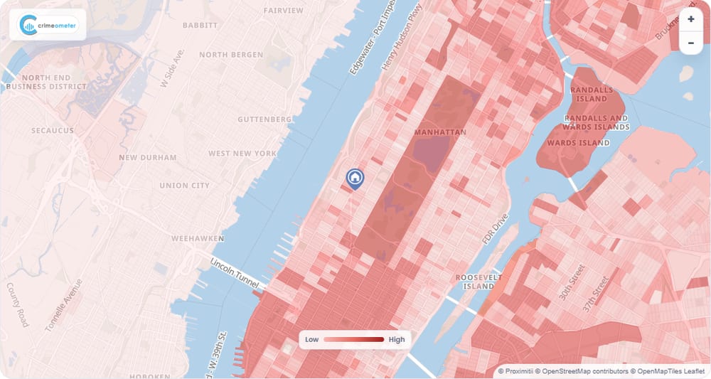 Example map with a translucent red crime risk overlay around Manhattan and a low-to-high intensity scale