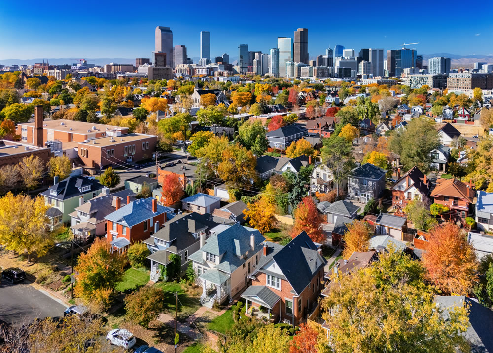 Aerial view of homes, autumn trees and a city skyline