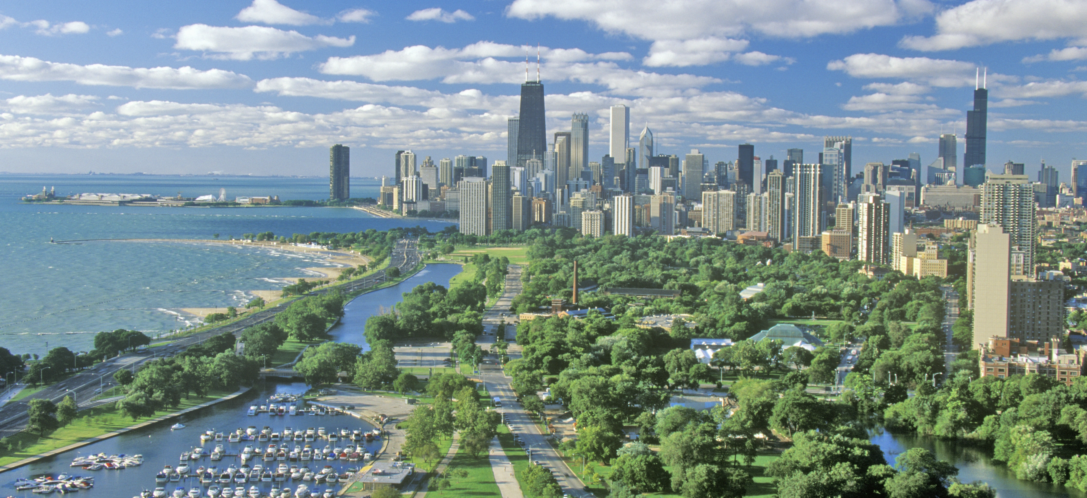 Chicago skyline overlooking Lake Michigan, lakefront parks and a marina
